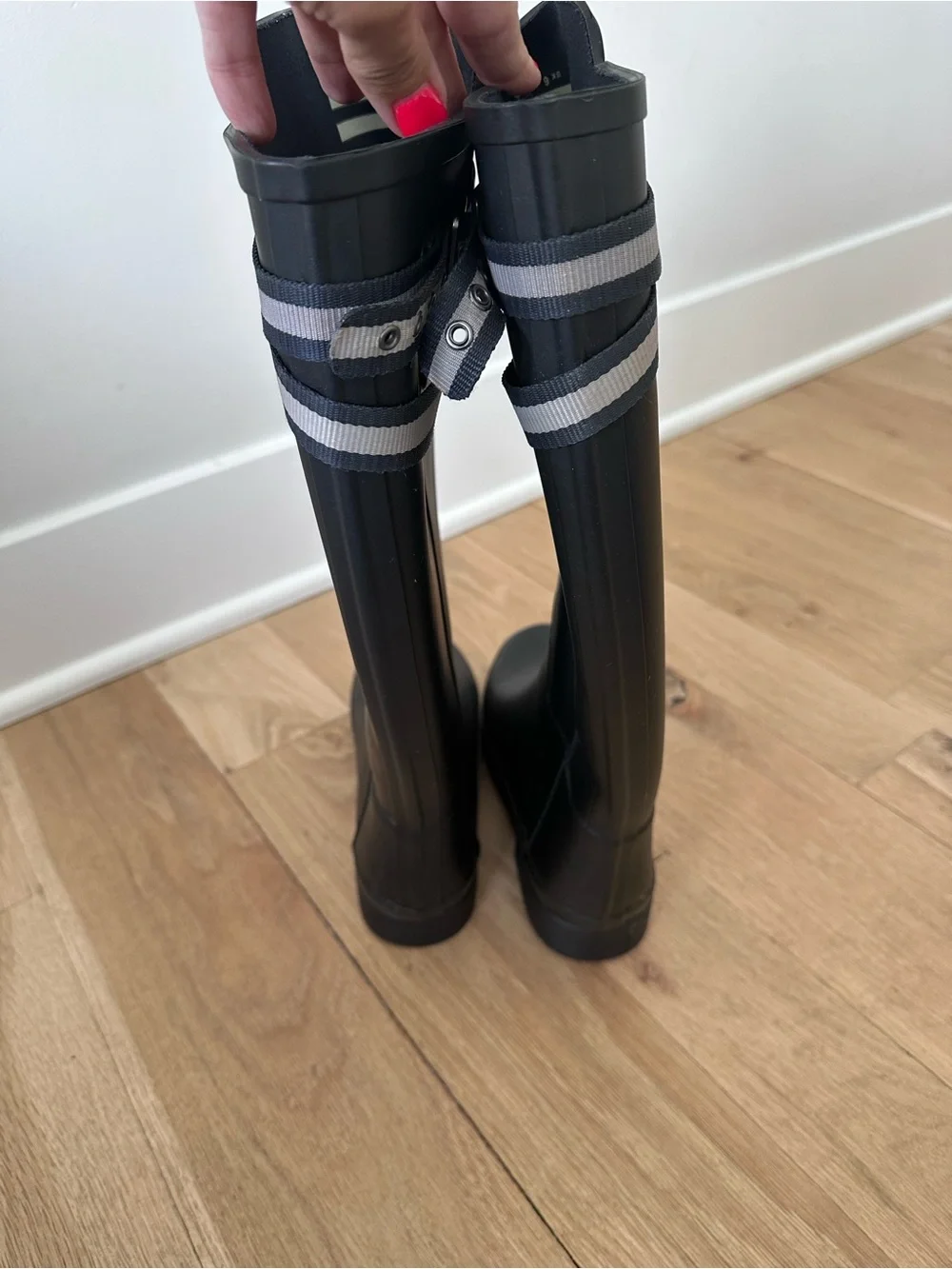 Hunter Black Tall Rain Boots with Gray Accent Straps